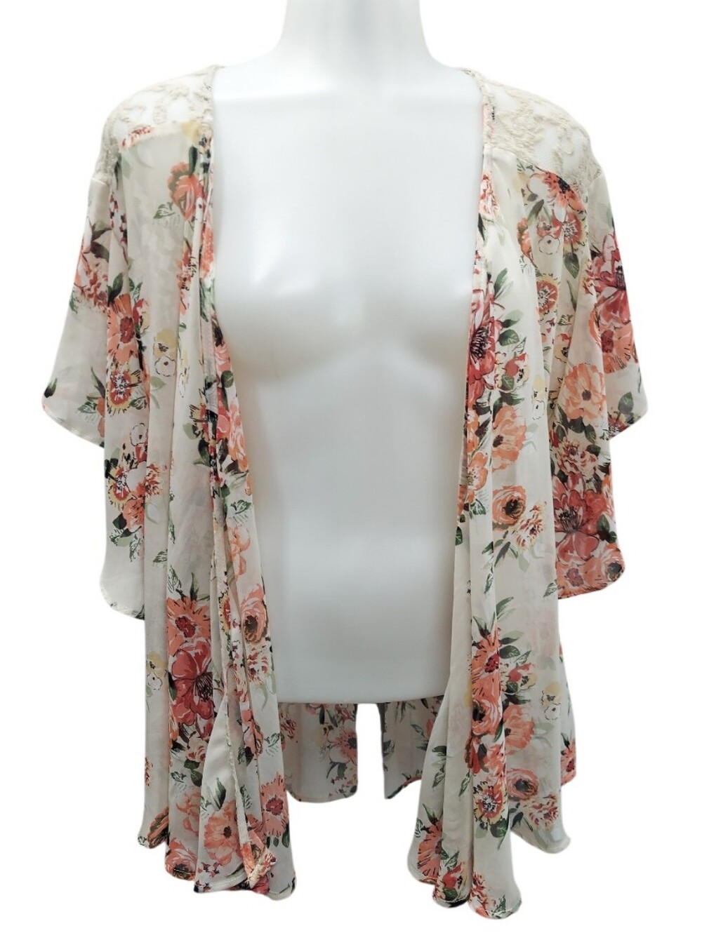 Metaphor Open Front Waterfall Kimono Cardigan Floral Lace Top Blouse
